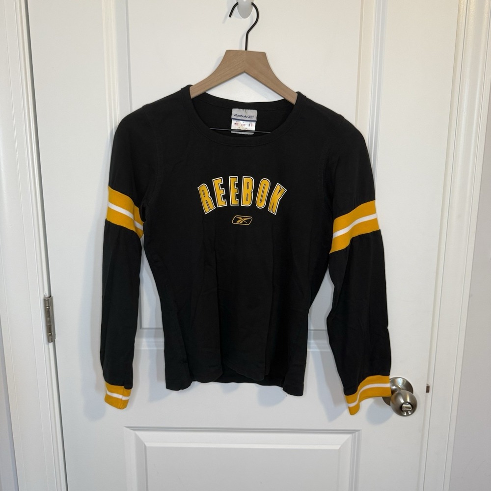 VTG Reebok Long Sleeve T Shirt Youth Size Large Yellow Black 100% Cotton 90's